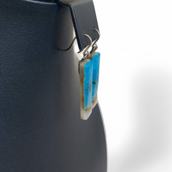 Handcrafted Phoenix Stone Rectangular Drop Earrings Blue Green Silver Hooks - Picture 10 of 14